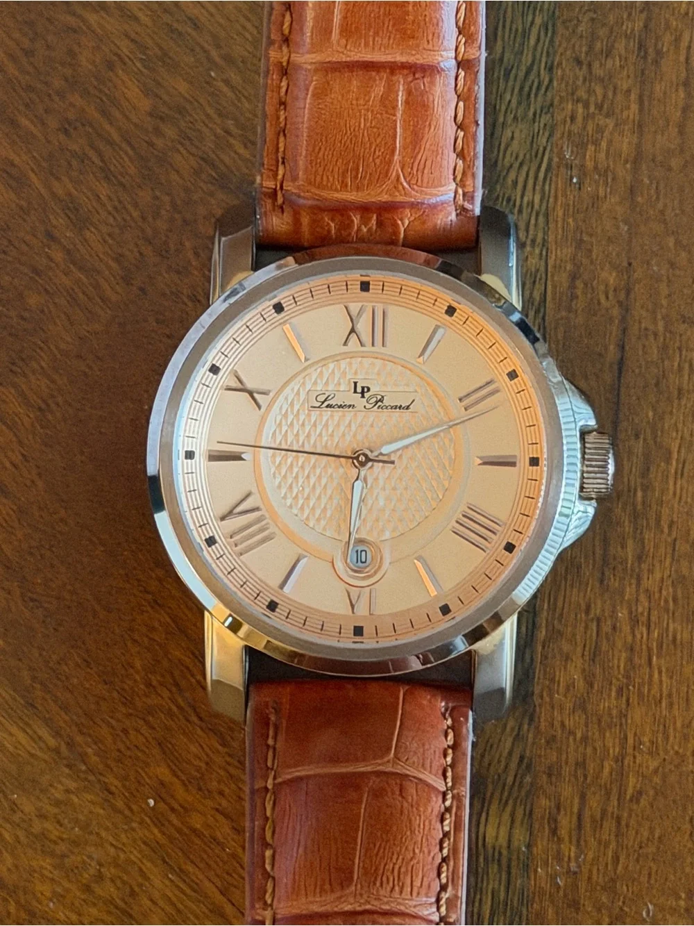 Lucien Piccard Men’s Quartz Watch - Textured Rose Gold Dial - Leather Strap